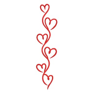 May include: A vertical design of five red hearts linked by a flowing, curved line. The hearts are stylized and evenly spaced, forming a decorative pattern against a white backdrop. The design is simple and elegant.