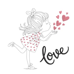 Op de afbeelding: Een zwart-witte lijntekening van een meisje dat roze harten blaast. Het meisje draagt een polkadotjurk en heeft een strik in haar haar. Het woord "love" staat eronder in cursief geschreven.