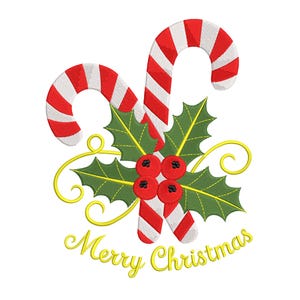 May include: Embroidered Christmas design with two candy canes, red and white striped, green holly leaves, red berries, and the text "Merry Christmas" in yellow. Set against a white background.