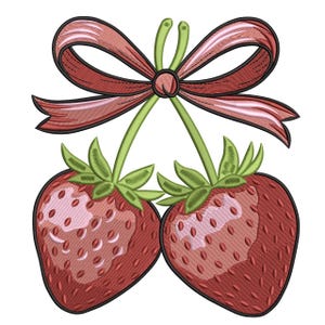 Peut inclure: Motif brodé de deux fraises rouges avec des tiges et des feuilles vertes, liées par un nœud de ruban rose. Les fraises ont un aspect texturé, sur fond blanc.