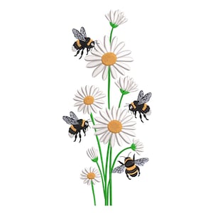 May include: An embroidered design featuring white daisies with yellow centres and green stems. Several black and yellow bumblebees are positioned around the flowers, creating a nature-themed pattern.