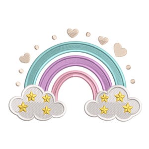 May include: A colorful rainbow design with a light blue, purple, and pink arch. The rainbow is embroidered with white clouds, gold stars, beige hearts, and small beige circles. This design is perfect for embroidery projects.