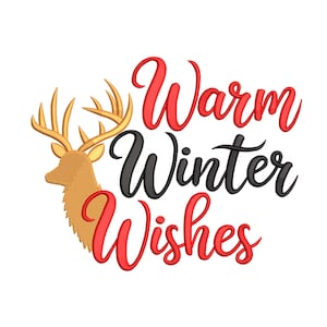 May include: A festive design featuring a reindeer and the words "Warm Winter Wishes." The reindeer is a light brown color with gold antlers. The text is in red and black script, perfect for holiday decor.