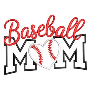 May include: A baseball-themed design featuring the words "Baseball Mom" in red script above two black block letter "M"s. A baseball with red stitching is in a heart shape.