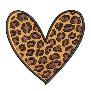 May include: A heart-shaped design with a leopard print pattern. The heart features a tan background with black and brown spots, outlined with a black border and a gold inner trim. The design is suitable for various crafts.
