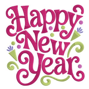 May include: A celebratory design featuring the text "Happy New Year" in a bright pink script. The image includes decorative swirls, confetti, and party horn illustrations in green, purple, and yellow, set against a white background.