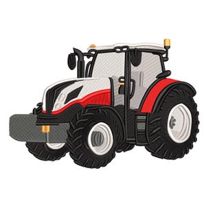 Peut inclure: Image brodée d'un tracteur rouge, blanc, noir et gris. Le tracteur a de gros pneus noirs avec des jantes blanches, une lame avant grise et une cabine blanche avec des garnitures noires. Le design est détaillé et adapté aux projets de broderie.