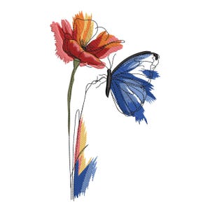 Puede incluir: Diseño bordado de una flor roja y naranja con una mariposa azul. La flor tiene un tallo verde y un diseño de pinceladas coloridas en la base. La mariposa es azul con contornos negros.
