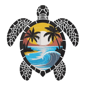 May include: Embroidered design of a sea turtle with a tropical beach scene inside its shell. The scene features palm trees, a sunset, and ocean waves in shades of blue, yellow, and orange. The turtle's shell and flippers are black.