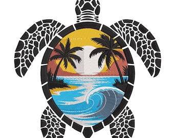 May include: Embroidered design of a sea turtle with a tropical beach scene inside its shell. The scene features palm trees, a sunset, and ocean waves in shades of blue, yellow, and orange. The turtle's shell and flippers are black.