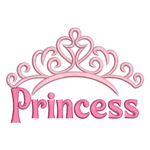 May include: A pink embroidered design featuring the word "Princess" in a script font beneath a decorative crown. The crown is light pink with swirling details, and the word is a darker shade of pink.