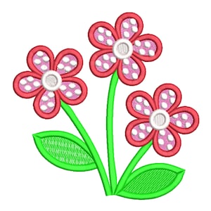 May include: An embroidered design of three stylized flowers. Each flower has red petals with white polka dots, a white center, and a red outline. The green stems and leaves complete the floral arrangement.