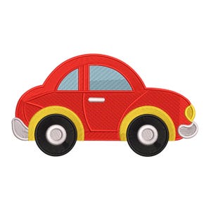 May include: A red car with yellow wheel wells, black tires, and a light blue window. The car has a rounded shape and a classic design, perfect for children's crafts and projects.