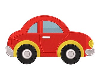 May include: A red car with yellow wheel wells, black tires, and a light blue window. The car has a rounded shape and a classic design, perfect for children's crafts and projects.