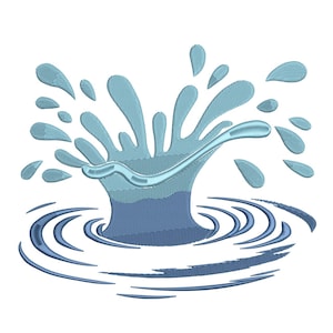 May include: An embroidered design of a water splash in shades of blue. The central splash rises from concentric ripples, with droplets scattered around the main form. The design is detailed with textured stitching.