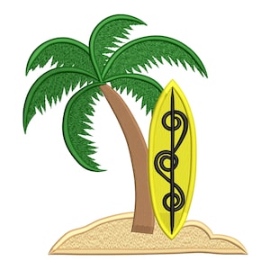 May include: An embroidered design featuring a green palm tree, a yellow surfboard with black detailing, and a sandy island. The design is likely for a beach or tropical theme.