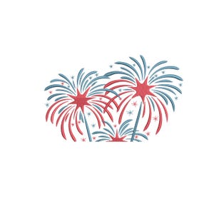 May include: Embroidered design of stylized fireworks in red and blue, with starburst centres and trailing lines. The design features multiple fireworks clusters and small star accents, all set against a white background.