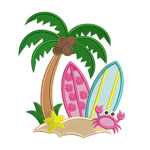 May include: Embroidered design featuring a palm tree, two surfboards, a crab, and a starfish on a sandy beach. The surfboards are pink and blue with floral and striped patterns. The crab is pink with white eyes.