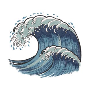 Könnte beinhalten: Gesticktes Design einer großen Meereswelle in Blau- und Weißtönen. Die Welle kräuselt sich mit weißem Schaum und Wassertröpfchen, vor einem weißen Hintergrund. Das Design erinnert an traditionelle japanische Kunst.