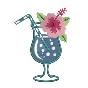 May include: Embroidered cocktail glass design with a blue drink, white bubbles, and a striped straw. A pink hibiscus flower and green leaves adorn the glass. The design is on a white background.