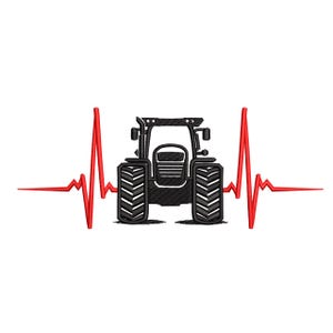 May include: Black tractor illustration with a red heartbeat line on a white background. The tractor has large tires and is centered in the image. The heartbeat line extends from both sides of the tractor.
