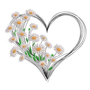 May include: A heart-shaped design with a black outline, filled with white daisies with yellow centres and green stems. The daisies are clustered on the left side of the heart, creating a floral arrangement.