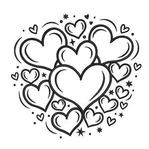 May include: A black and white illustration of multiple hearts of varying sizes, arranged in a circular pattern. The hearts are outlined with thick black lines, and some have decorative swirls and stars.