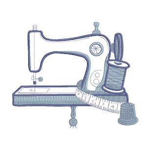 May include: An embroidery design featuring a light blue sewing machine with dark blue outlines, accompanied by a spool of thread, a thimble, and a measuring tape marked with numbers one through four, all rendered in a consistent blue thread style.