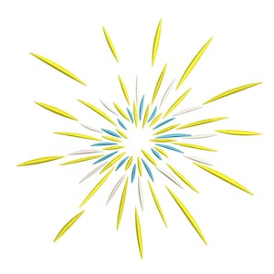 Könnte beinhalten: Ein stilisiertes Burst-Design mit gelben, weißen und blauen länglichen Formen, die von einem zentralen Punkt ausgehen. Das Design ist vor einem sauberen weißen Hintergrund platziert und erzeugt einen lebendigen und auffälligen visuellen Effekt.