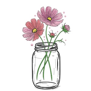 Könnte beinhalten: Eine Schwarz-Weiß-Strichzeichnung eines Einmachglases mit rosa Kosmosblüten und -knospen. Die Blüten haben gelbe Zentren und die Stiele sind grün. Kleine rosa Punkte sind um die Blüten verstreut.