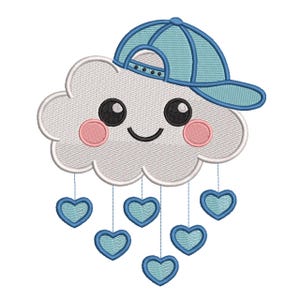 May include: Embroidered design of a smiling cloud wearing a blue baseball cap. The cloud has black eyes, pink cheeks, and blue heart-shaped raindrops hanging below. The design is on a white background.