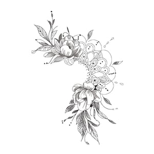 May include: A black and white line art illustration featuring two blooming flowers connected by a central semi-circular mandala pattern. The design includes detailed leaves, thin stems, and small dots, arranged in a curved, symmetrical composition.