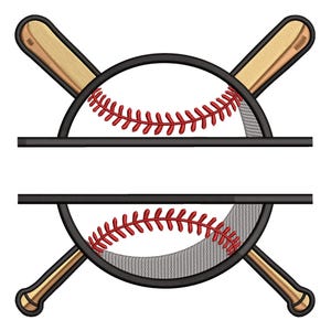 Puede incluir: Un diseño con temática de béisbol que presenta una pelota de béisbol con costuras rojas y dos bates de béisbol cruzados. La pelota de béisbol está dividida por una línea horizontal, y los bates son de color beige y negro.