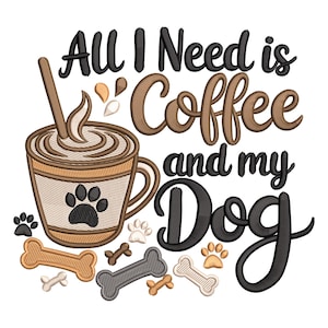 Broderie café et chien - Mug patte, citation artistique en os