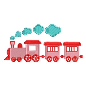 Peut inclure: Motif brodé d'un train jouet rose avec des détails rouges. Le train a trois wagons, des roues rouges et un toit rouge. Des nuages de fumée bleus s'échappent de la cheminée. Idéal pour les créations et vêtements pour enfants.
