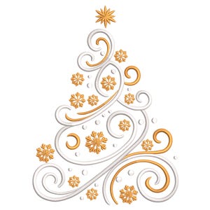 Może przedstawiać: Stylizowany wzór choinki z białymi i złotymi wirami oraz akcentami płatków śniegu. Drzewko zwieńczone jest złotą gwiazdą i posiada szereg złotych płatków śniegu i małych białych kółek, na białym tle.