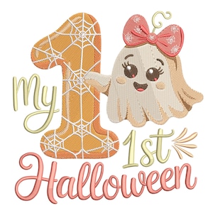 Puede incluir: Gráfico de Halloween con un fantasma de dibujos animados con un lazo rosa y el texto "My 1st Halloween". El número "1" es naranja con un diseño de telaraña. El texto está en una fuente cursiva con colores amarillo claro y rosa.