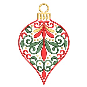 May include: Embroidered Christmas ornament in a teardrop shape. The ornament features a red outline and is filled with green, red, and gold decorative elements. The top has a gold loop for hanging.