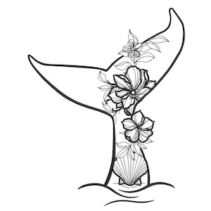 May include: Black and white illustration of a whale tail decorated with flowers and leaves. A seashell is at the base of the tail. The design is outlined with a thick black line, creating a clean and elegant aesthetic.
