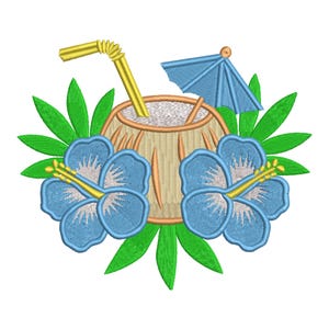 May include: Embroidered design of a coconut drink with a yellow straw and a blue umbrella. Two blue hibiscus flowers and green leaves surround the coconut. The design is on a white background.