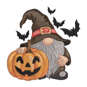 May include: A Halloween-themed illustration of a gnome holding a carved pumpkin. The gnome wears a brown hat with a red band and a buckle. Black bats fly in the background. The pumpkin is orange with a carved face.