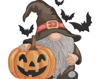 May include: A Halloween-themed illustration of a gnome holding a carved pumpkin. The gnome wears a brown hat with a red band and a buckle. Black bats fly in the background. The pumpkin is orange with a carved face.