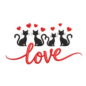 May include: An embroidered design featuring four black cat silhouettes with whiskers, each beneath a red heart. The word "love" is written in red cursive script below the cats and hearts, creating a romantic theme.