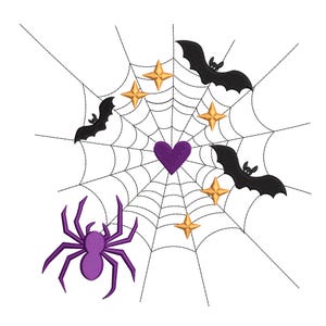 Puede incluir: Un diseño temático de Halloween con una telaraña con un corazón morado en el centro. Murciélagos negros, estrellas doradas y una araña morada están dispersos alrededor de la telaraña, creando una ilustración espeluznante y festiva.