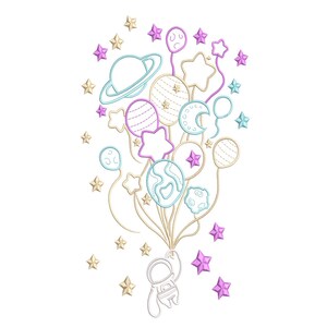 May include: An embroidered design featuring a cluster of space-themed balloons, including planets, stars, and moons, in pastel colors. A small astronaut figure is attached to the balloon strings. The design is set against a white background.