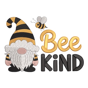 Może przedstawiać: Kapryśny projekt przedstawiający gnoma w czarno-żółtej czapce w paski i puszystą białą brodą. W pobliżu lata pszczoła z kreskówek, a słowa "Bee KIND" są wyświetlane złotymi i czarnymi literami. Projekt jest na białym tle.