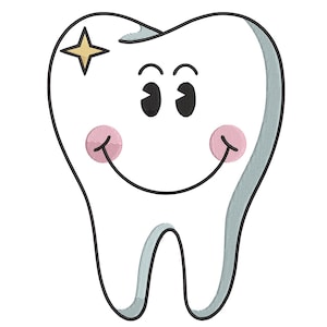 May include: A cartoon tooth illustration with a smiling face. The tooth is white with a light blue outline and a black outline. It has two black oval eyes, pink cheeks, and a gold star on the top left.