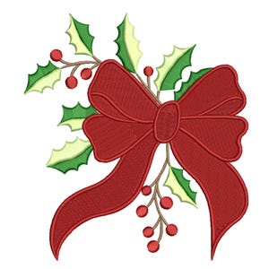 May include: Embroidered design featuring a large red bow with detailed stitching. The bow is accompanied by sprigs of holly with green leaves and red berries, creating a festive holiday theme. The design is set against a white background.