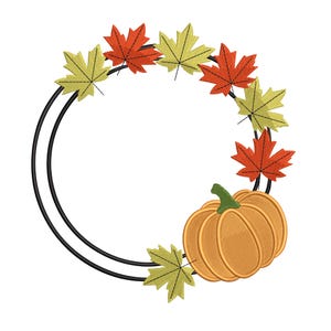 Pumpkin & Maple Leaf Wreath Embroidery Design – Fall Circle Frame Machine Embroidery File