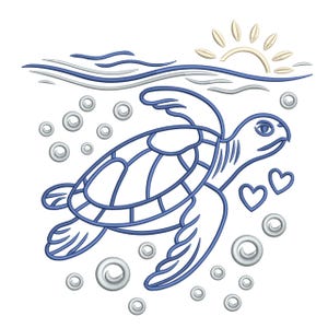 May include: A blue sea turtle swims underwater, surrounded by bubbles and two heart shapes. Above, a stylized sun shines over the waves. The design is outlined in blue on a white background.